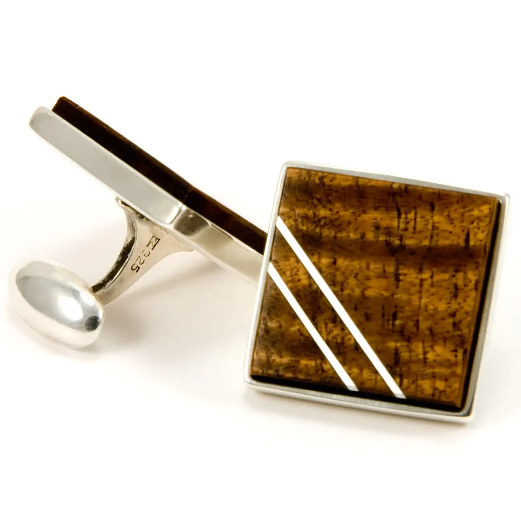 Hawaiian Koa Silver Inlay Cufflink Tie Bar Set