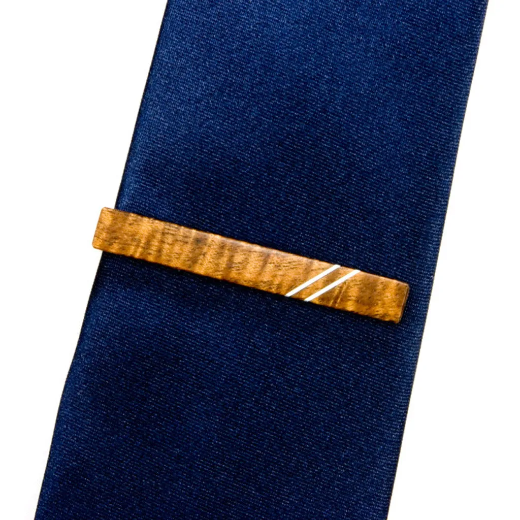 Hawaiian Koa Silver Inlay Cufflink Tie Bar Set
