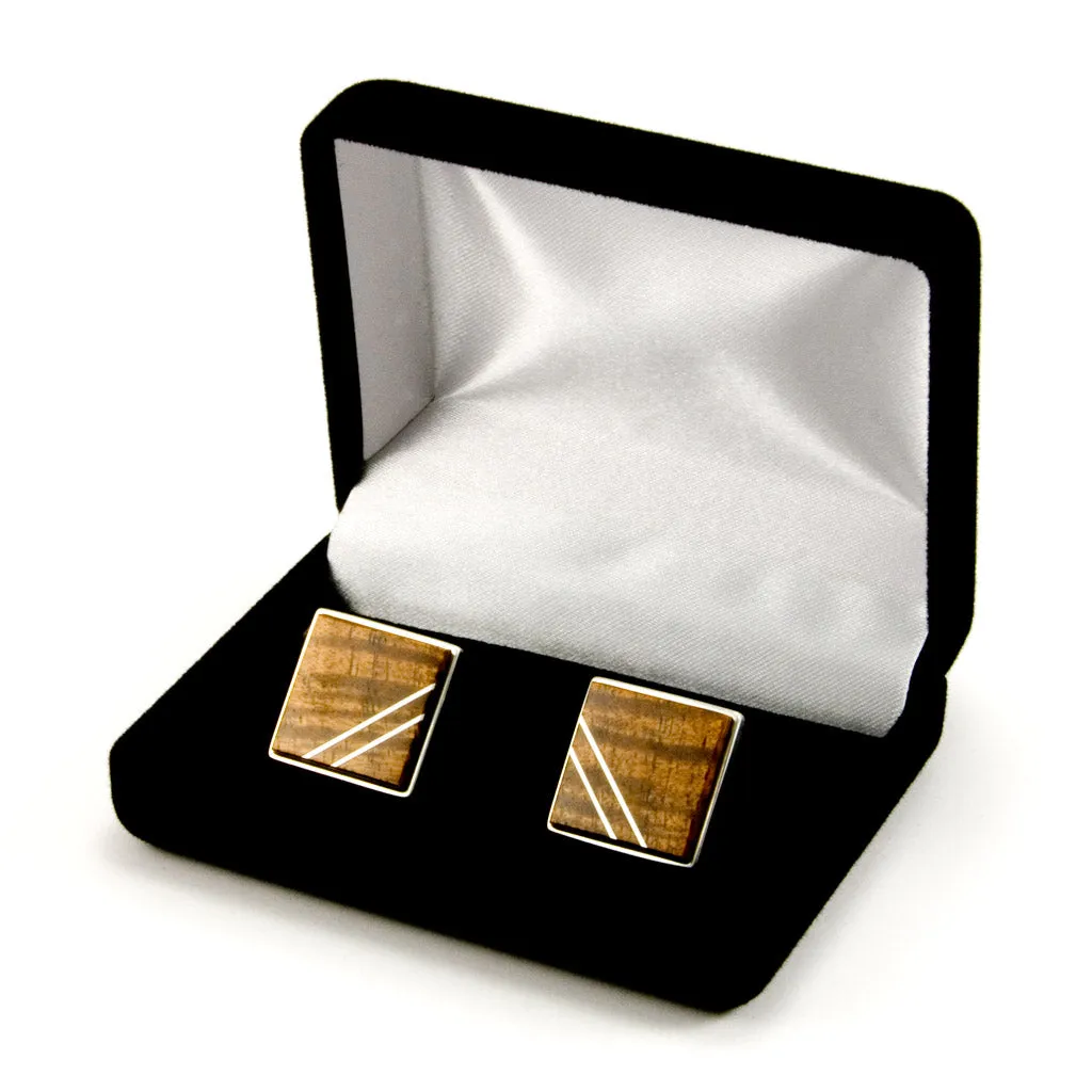 Hawaiian Koa Silver Inlay Cufflink Tie Bar Set