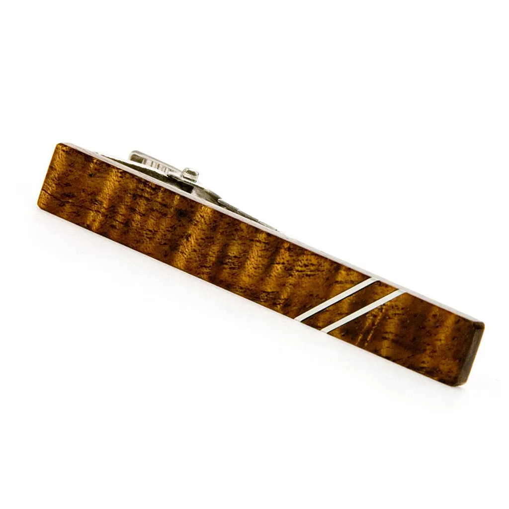 Hawaiian Koa Silver Inlay Cufflink Tie Bar Set