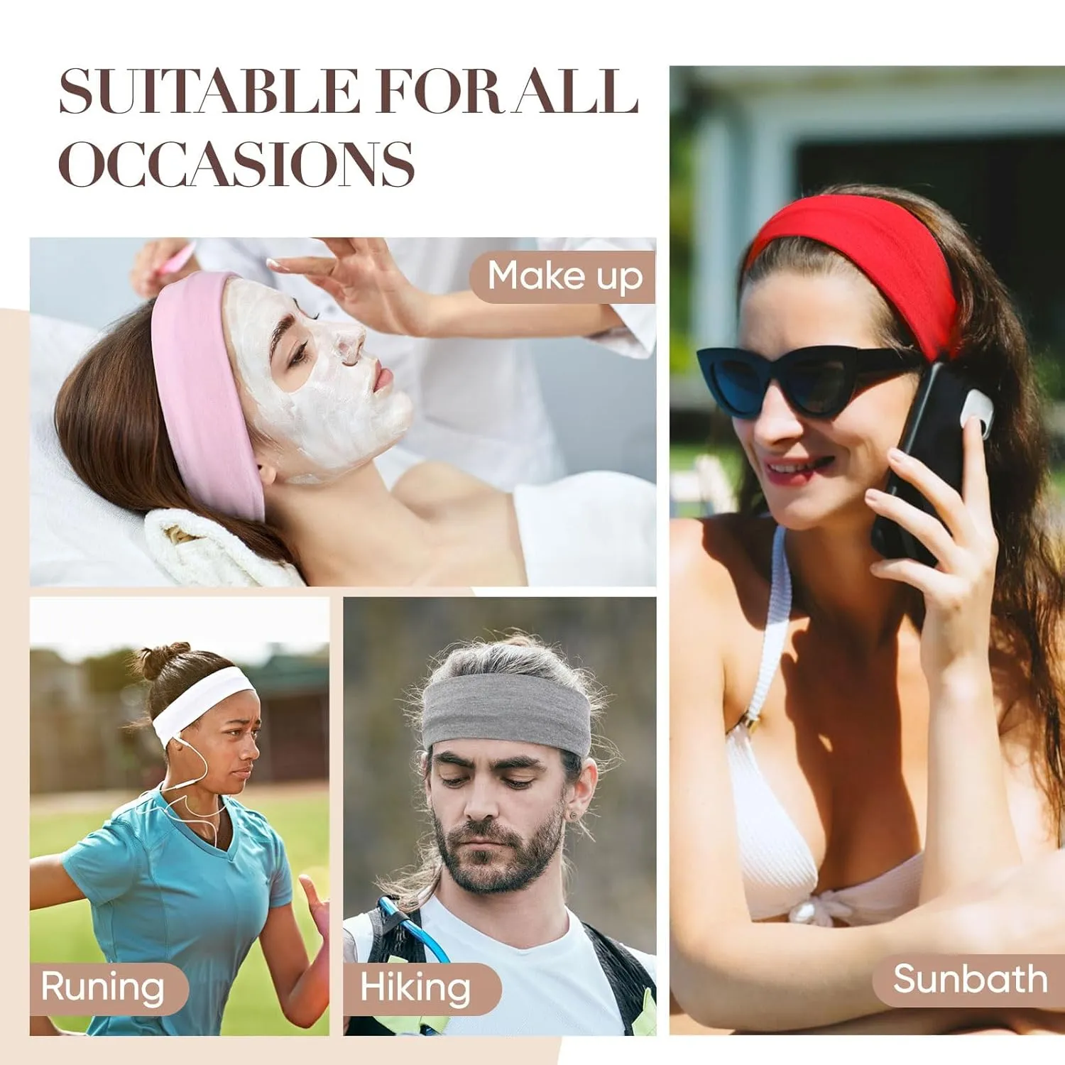 Headbands for Women Non Slip - 9 Pcs Fabric Elastic Hair Bands for Women's Hair, Soft Cotton Cloth Stretchy Sport Headbands, Sweat Absorption Athletic Hairbands for Workout Yoga Running - A