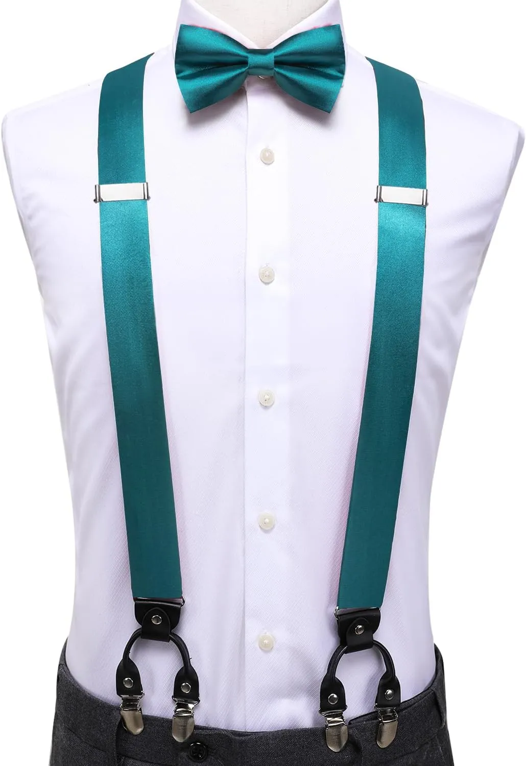 Hi-Tie Men Suspender Bowtie Set Suspenders Pre-tied Bow Tie Pocket Square Cufflinks Adjustable Y Shape 6 Clips Braces Tuxedo