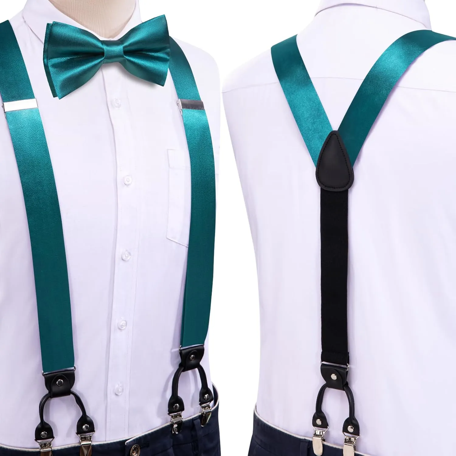 Hi-Tie Men Suspender Bowtie Set Suspenders Pre-tied Bow Tie Pocket Square Cufflinks Adjustable Y Shape 6 Clips Braces Tuxedo
