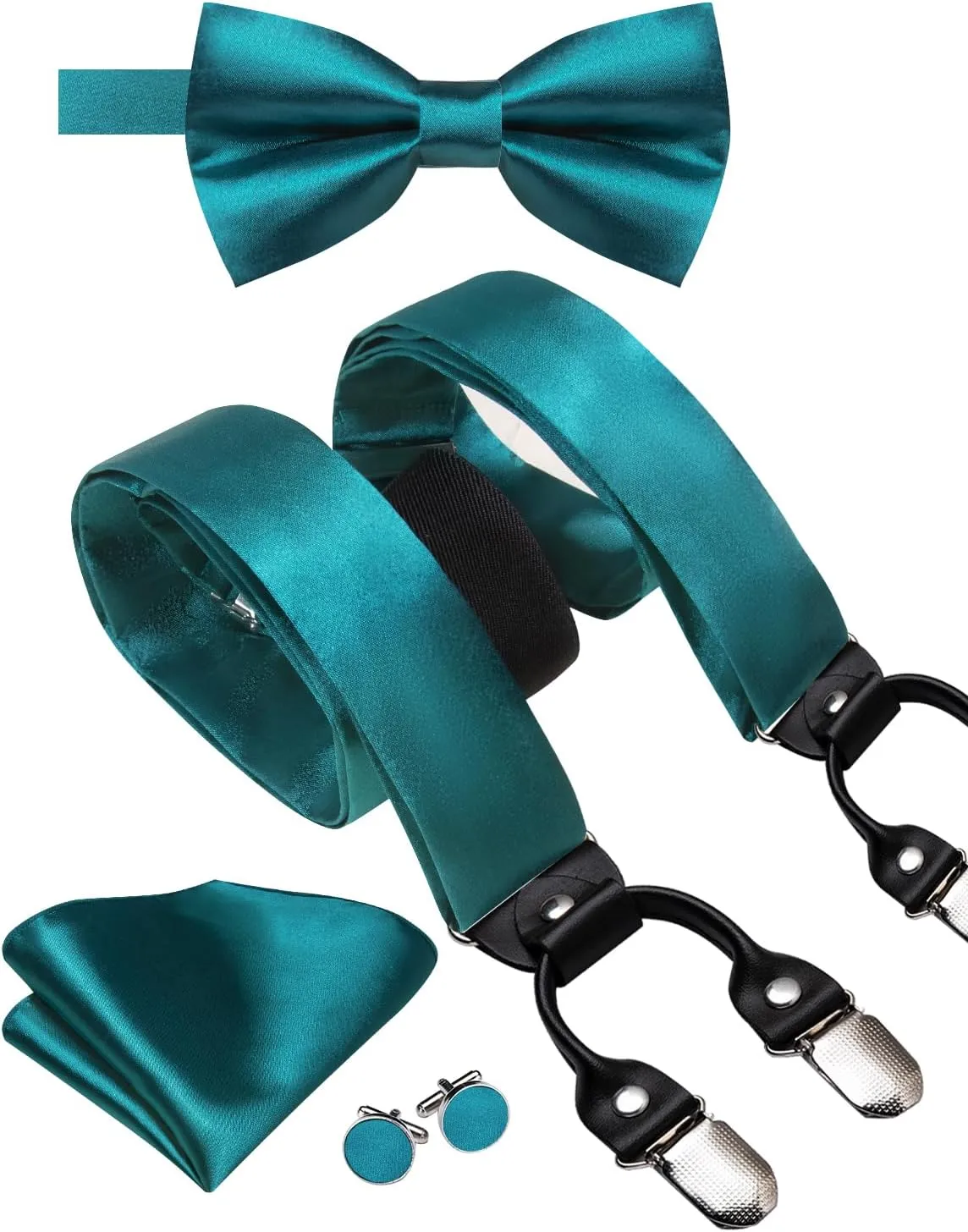 Hi-Tie Men Suspender Bowtie Set Suspenders Pre-tied Bow Tie Pocket Square Cufflinks Adjustable Y Shape 6 Clips Braces Tuxedo