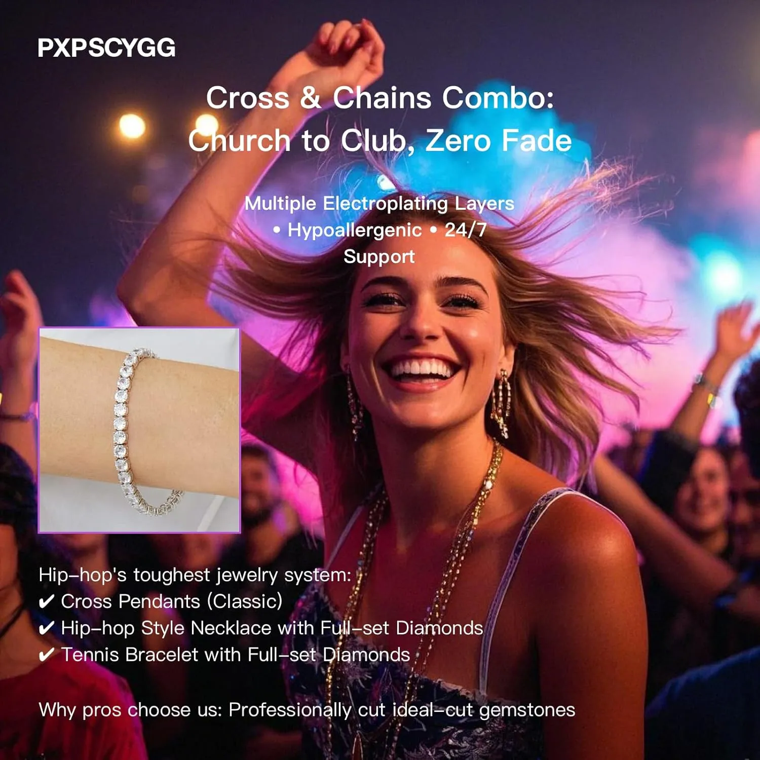 Hip Hop Tennis Chain Necklace with Cross Pendant for Men & Women ?C Gold Plated Iced Out Cuban Link Chains, Bling Rhinestone & Crystal Studded Necklaces for Teens (8-24 Inches)