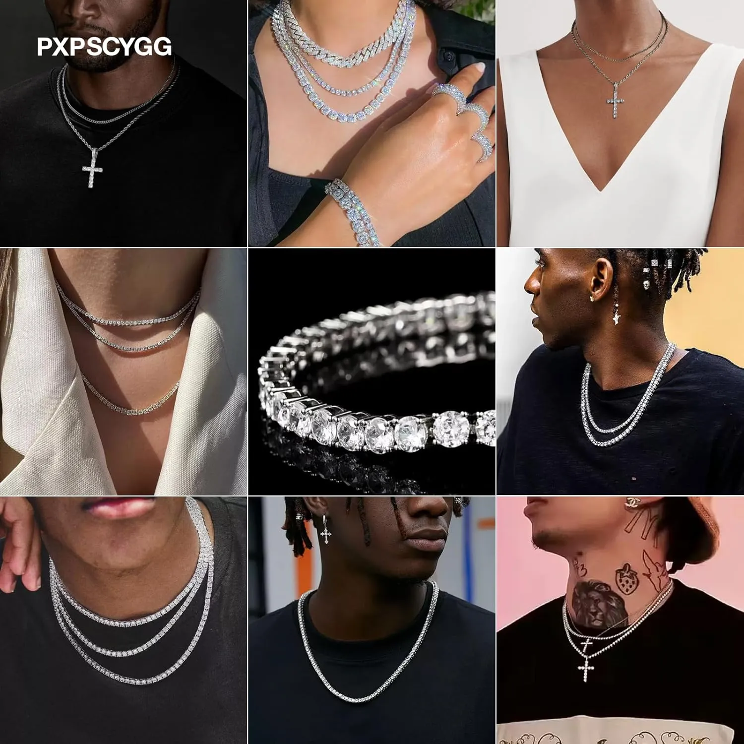 Hip Hop Tennis Chain Necklace with Cross Pendant for Men & Women ?C Gold Plated Iced Out Cuban Link Chains, Bling Rhinestone & Crystal Studded Necklaces for Teens (8-24 Inches)