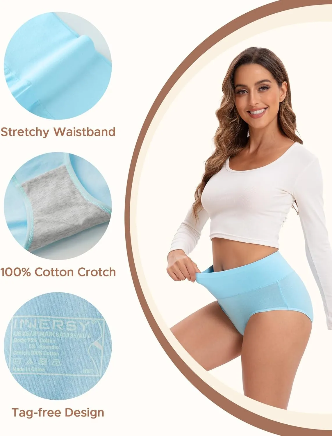 INNERSY Women's High Waisted Underwear Cotton Panties Regular & Plus Size 5-Pack