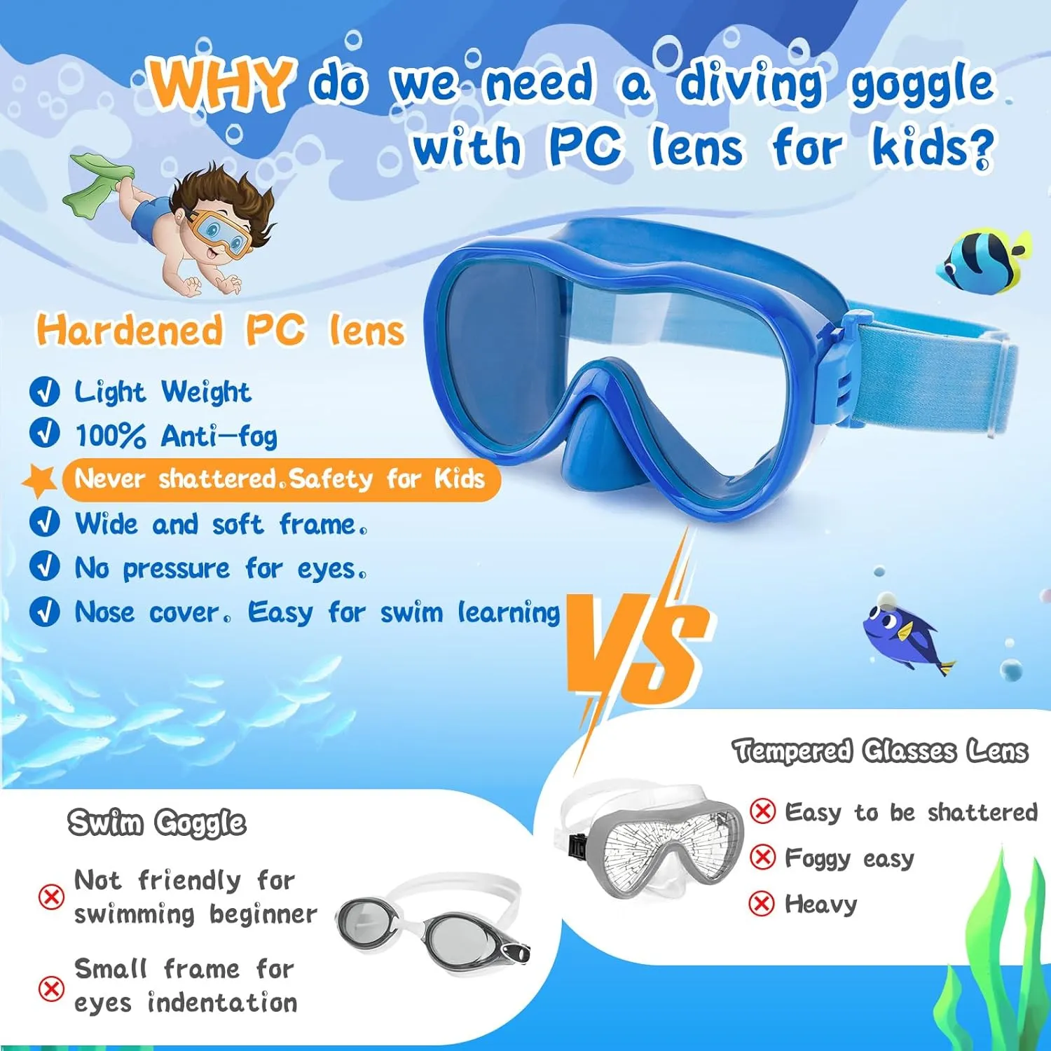 Kids Swim Goggles with Nose Cover, Anti-Leak Swim Mask with Elastic Fabric Strap, UV Protection Swimming Goggles for Kids