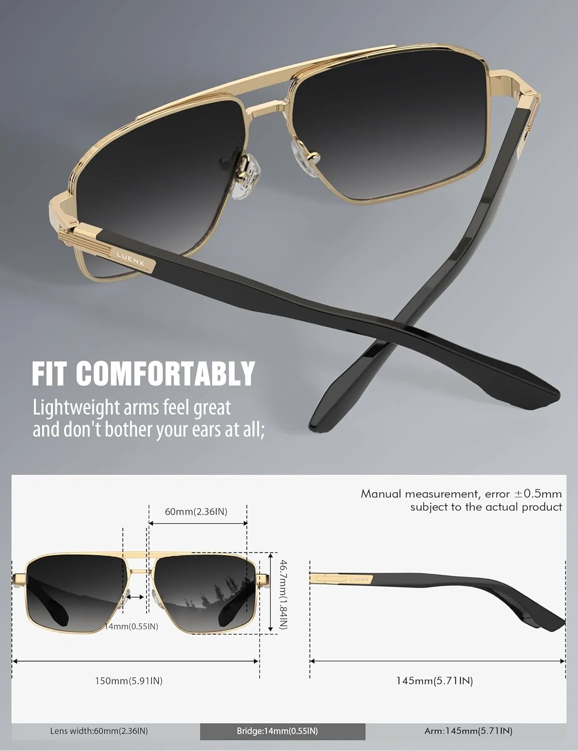 LUENX Aviator Sunglasses for Men Retro Square Polarized Polygon Shades UV 400 Protection