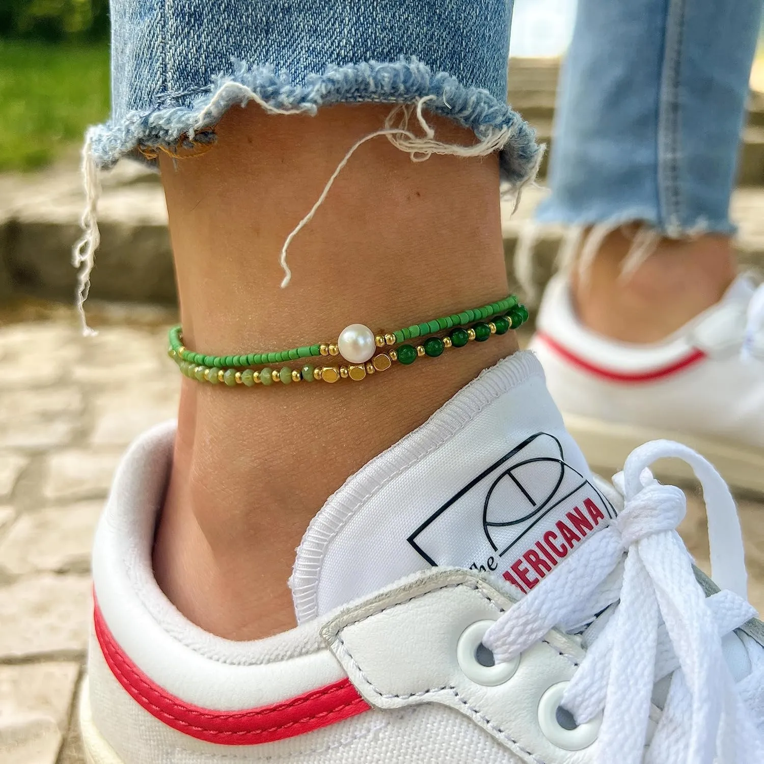 Made by Nami Boho Surfer Anklet Waterproof & Adjustable Beaded Anklets for Women Beachy Ankle Bracelet Made from Waxed Cotton Rope and Beads for Summer and Hippie Style (Green Pearl)