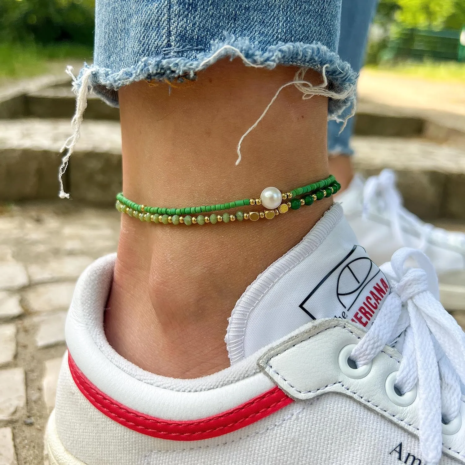Made by Nami Boho Surfer Anklet Waterproof & Adjustable Beaded Anklets for Women Beachy Ankle Bracelet Made from Waxed Cotton Rope and Beads for Summer and Hippie Style (Green Pearl)