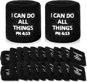 Poen 12 Pairs Inspirational Wrist Bands Men Women Christian Sweatbands I Can Do All Things Black Wristbands Sweatbands for Tennis Football Basketball Running Gym Working Out