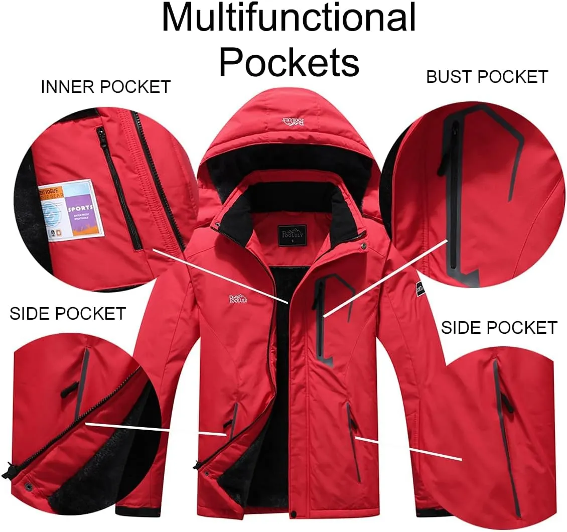 Pooluly Men's Ski Jacket Warm Winter Waterproof Windbreaker Hooded Raincoat Snowboarding Jackets