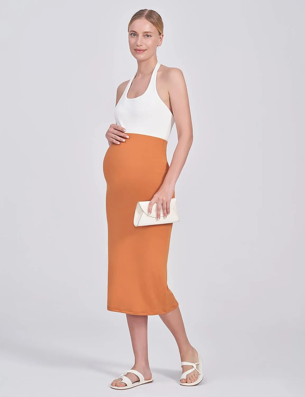 POSHDIVAH Women's Maternity Skirt Over The Belly Midi High Waisted Solid Stretchy Pregnancy Pencil Skirt