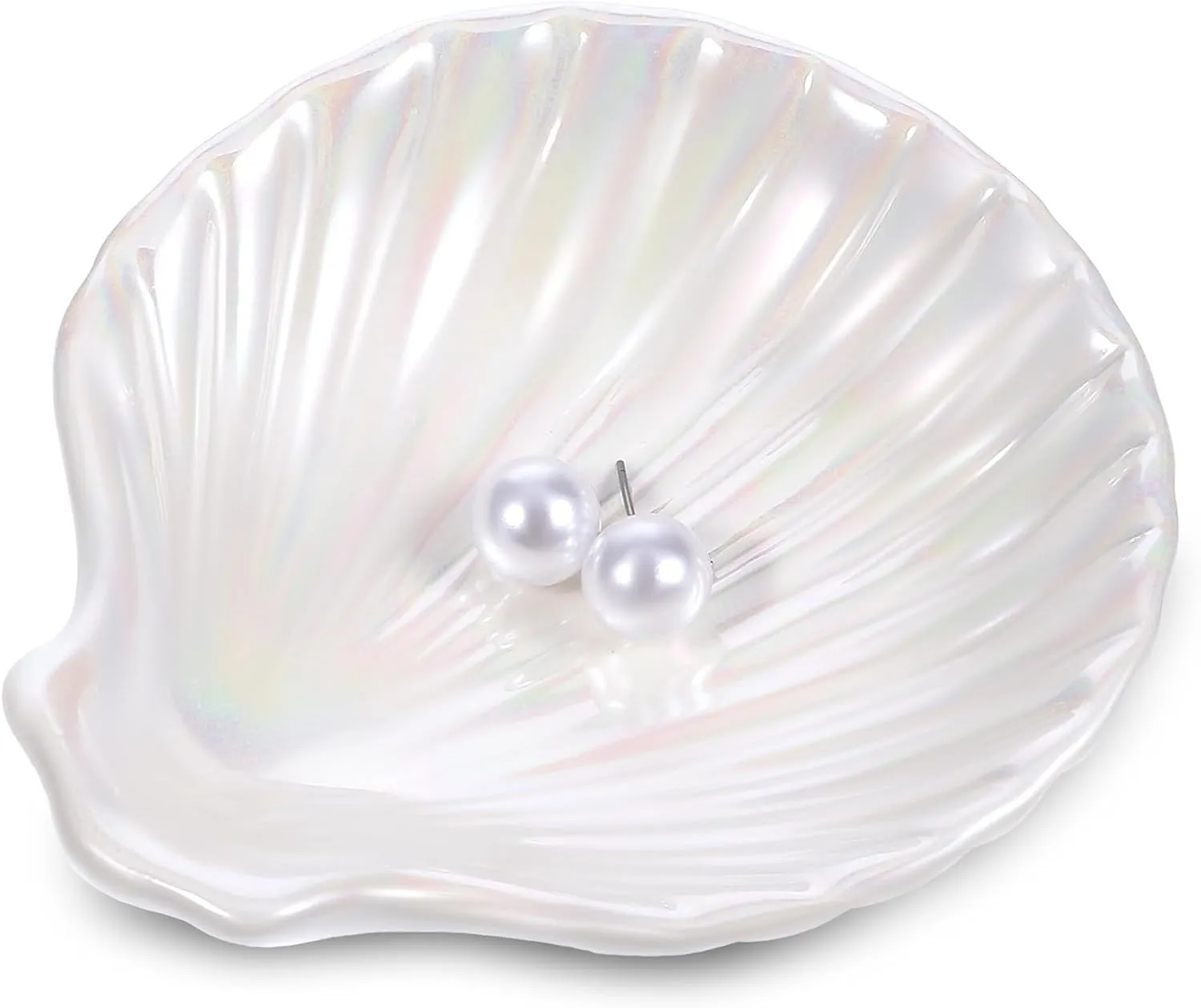 Ring Dish Shell Shape Ceramic Trinket Tray Jewelry Dish Tray Decorative Plate Organizing Earrings Necklaces Bracelet Watch Keys for Mom Friend Sister Daughter Mother White Iridescent Surface