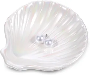Ring Dish Shell Shape Ceramic Trinket Tray Jewelry Dish Tray Decorative Plate Organizing Earrings Necklaces Bracelet Watch Keys for Mom Friend Sister Daughter Mother White Iridescent Surface