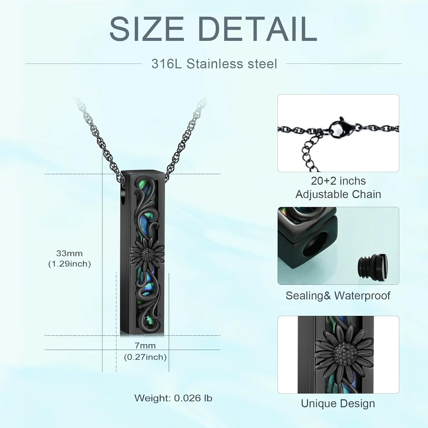 Sunflower Cremation Jewelry Vertical Bar Urns Necklaces for Ashes Stainless Steel Baoyu Stone Keepskaes Memorial Ash Pendant Necklaces Jewelry for Men Women Gifts