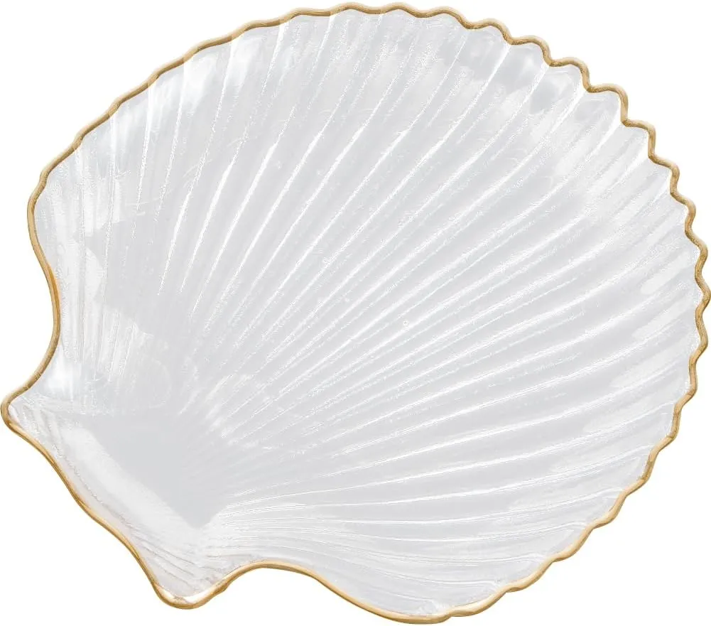 SUNNYCLUE Ocean Glass Jewelry Tray Plate Jewelry Holder Dish Transparent Gold Rim Sea Shell Glass Tray Plates for Rings Earrings Necklace Bracelet Watch Key