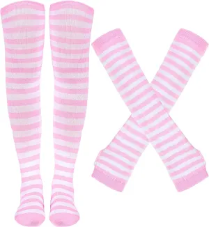 Tongcloud Women's Striped Knee High Socks, Over Knee Thigh High Socks, Arm Warmer and Fingerless Gloves Set