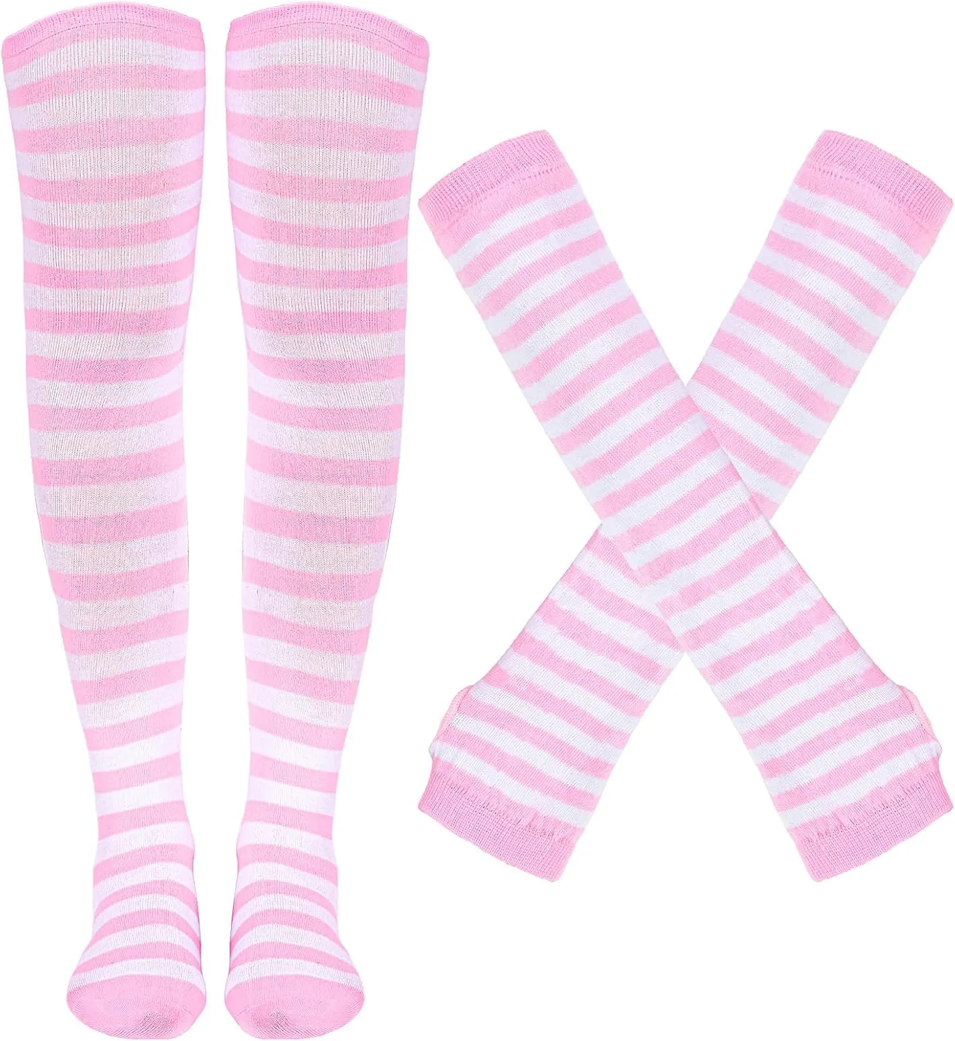 Tongcloud Women's Striped Knee High Socks, Over Knee Thigh High Socks, Arm Warmer and Fingerless Gloves Set