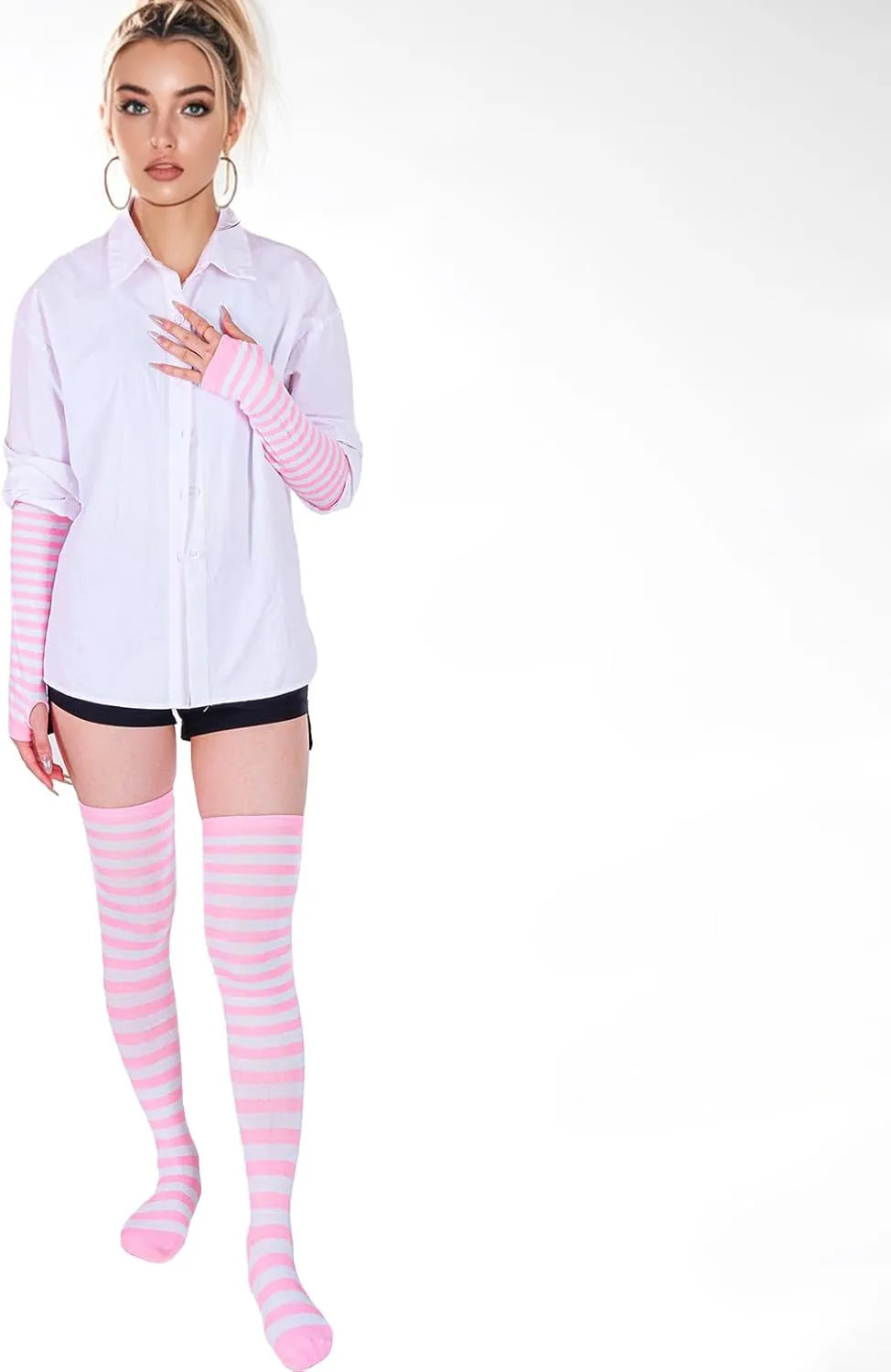 Tongcloud Women's Striped Knee High Socks, Over Knee Thigh High Socks, Arm Warmer and Fingerless Gloves Set