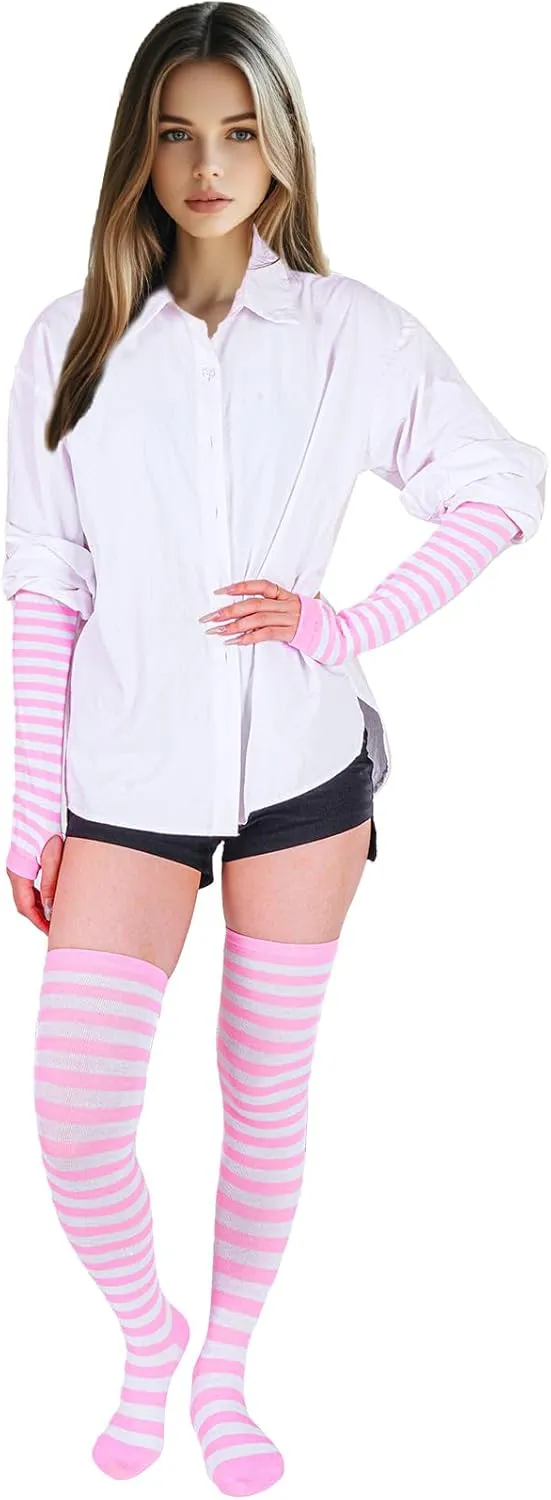 Tongcloud Women's Striped Knee High Socks, Over Knee Thigh High Socks, Arm Warmer and Fingerless Gloves Set