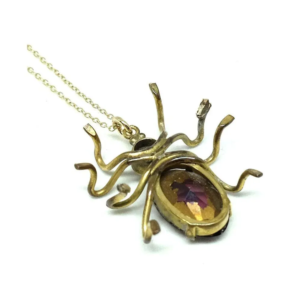 Vintage 1940s Spider Czech Pendant Gold Necklace