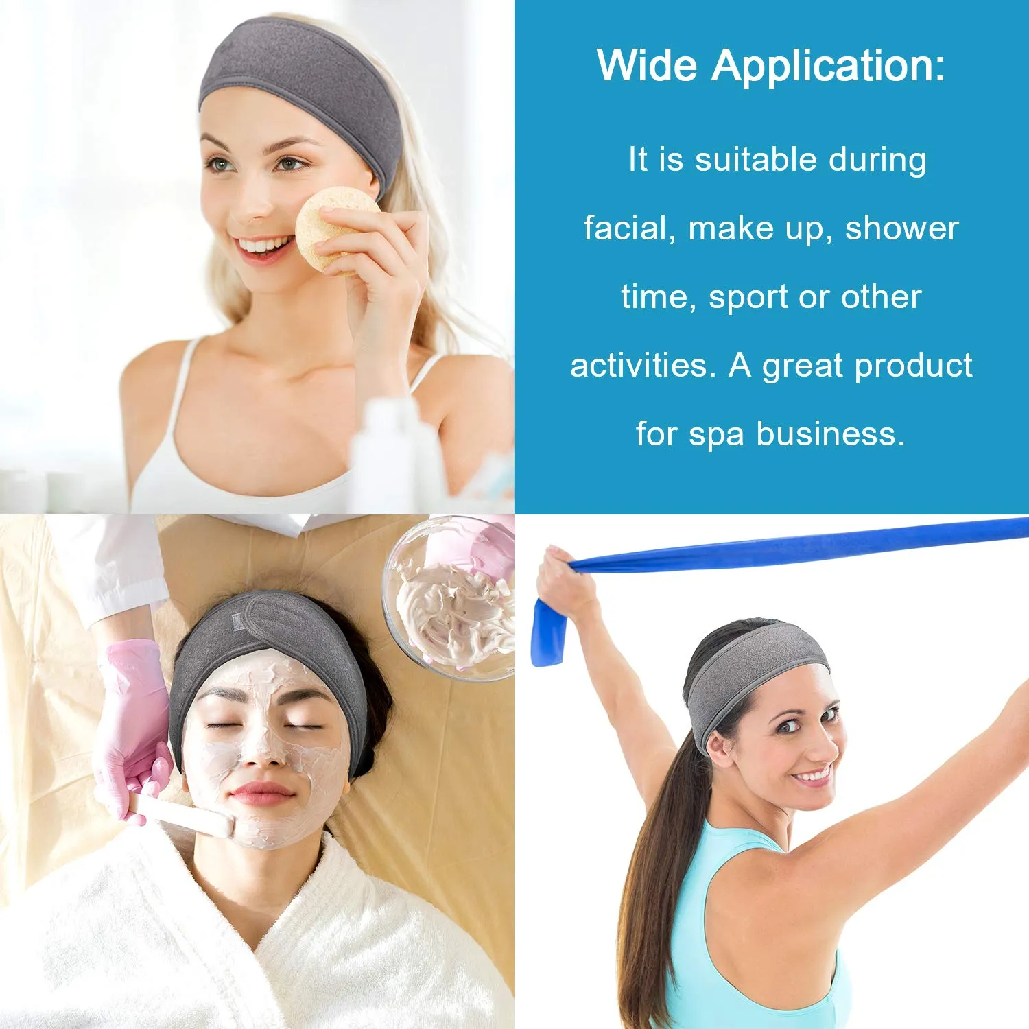 Whaline Spa Facial Headband Head Wrap Terry Cloth Headband 4 Counts Stretch Towel for Bath, Makeup and Sport (Gray)