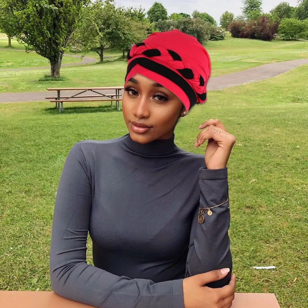 Woeoe Women African Turban India's Hat Black Stretch Braid Head Wrap