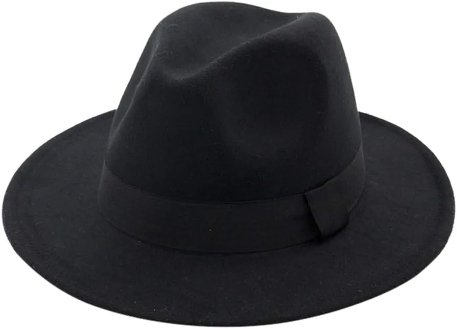 Women Men Classic Jazz Hat Vintage Wide Brim Fedora Hat with Belt Buckle Panama Hat Black Dress Hat for Unisex