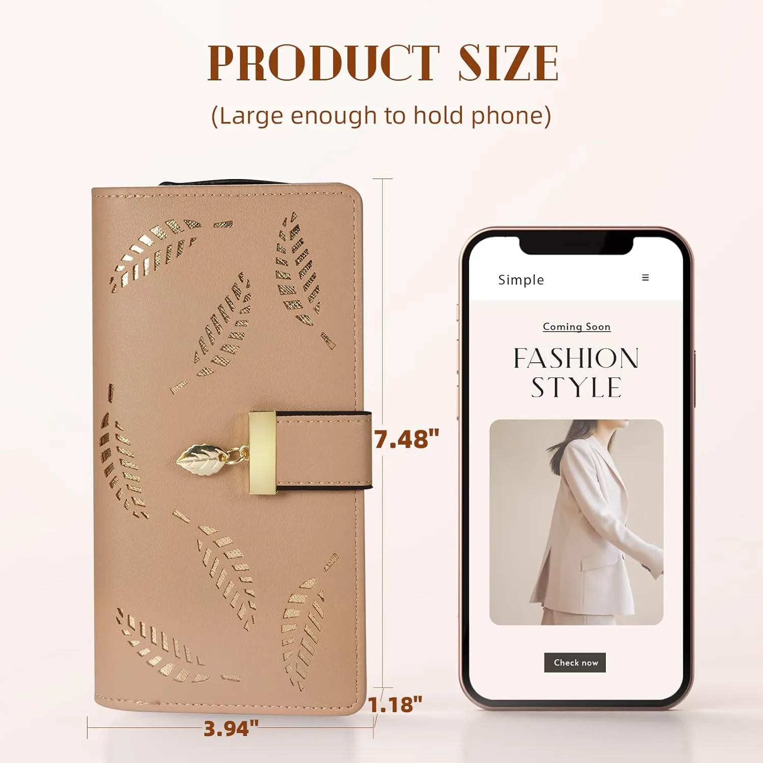 Women's Long Leaf Bifold Wallet Leather Card Holder Purse Zipper Buckle Elegant Clutch Wallet Handbag for Women - Khaki