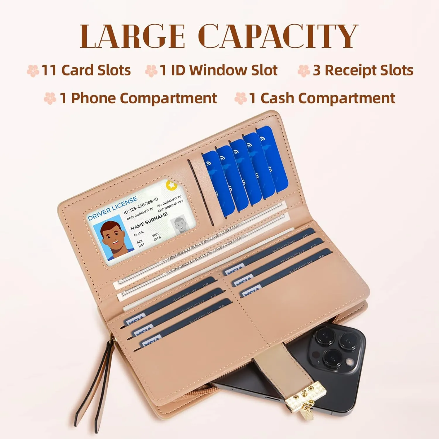 Women's Long Leaf Bifold Wallet Leather Card Holder Purse Zipper Buckle Elegant Clutch Wallet Handbag for Women - Khaki