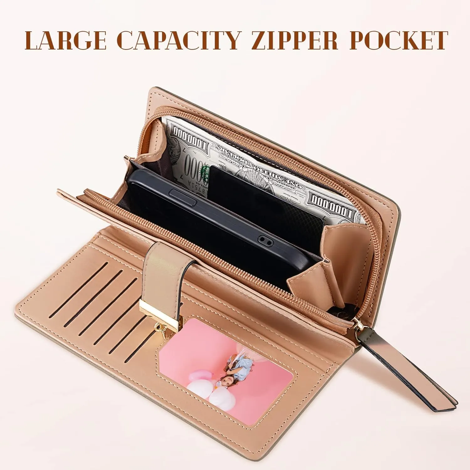 Women's Long Leaf Bifold Wallet Leather Card Holder Purse Zipper Buckle Elegant Clutch Wallet Handbag for Women - Khaki