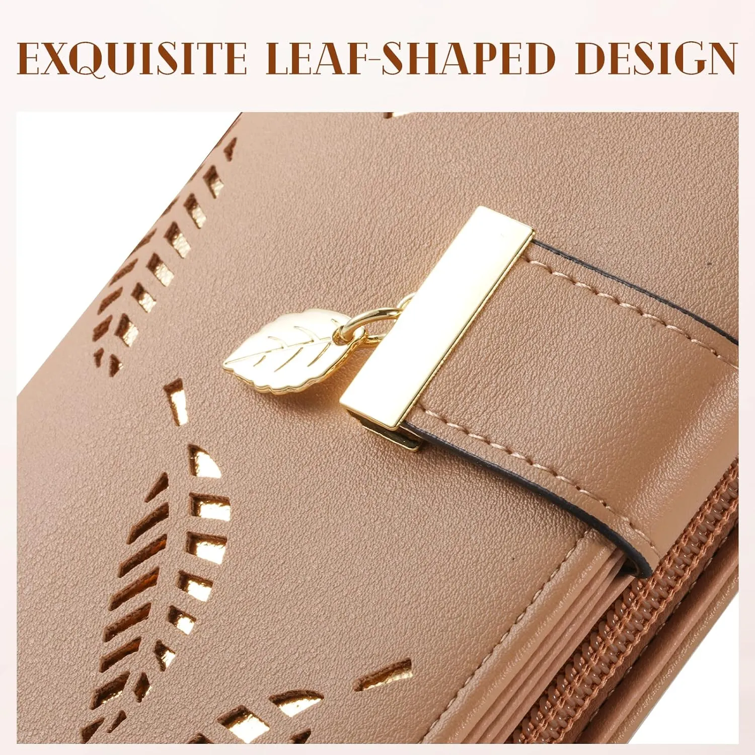 Women's Long Leaf Bifold Wallet Leather Card Holder Purse Zipper Buckle Elegant Clutch Wallet Handbag for Women - Khaki