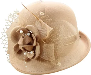 Wool Felt Cloche Fedora Hat Winter Warm Bucket Hat Ladies Church Derby Party Wedding Fashionable Hat with Flower
