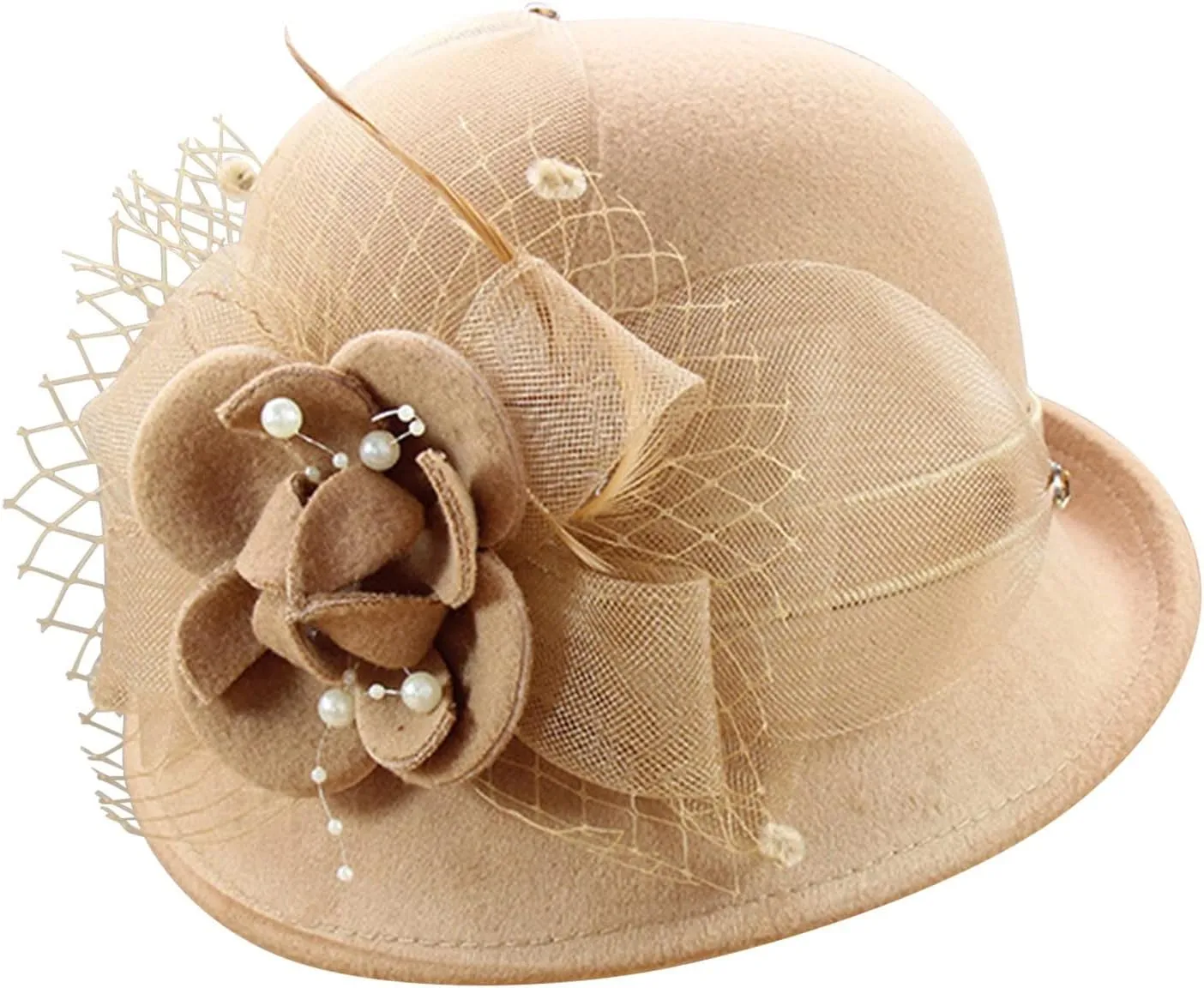 Wool Felt Cloche Fedora Hat Winter Warm Bucket Hat Ladies Church Derby Party Wedding Fashionable Hat with Flower