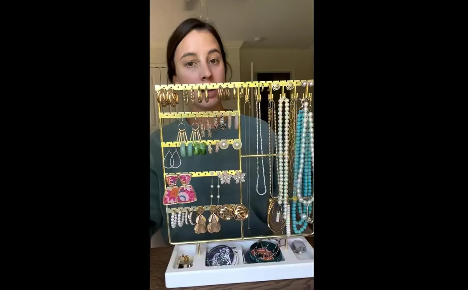 X-cosrack Earring Holder,5-Tier Ear Stud Holder with Wooden Tray,Jewelry Organizer Holder for Earrings Necklaces Bracelets Watches and Rings,Earring Display Stand with 132 Holes