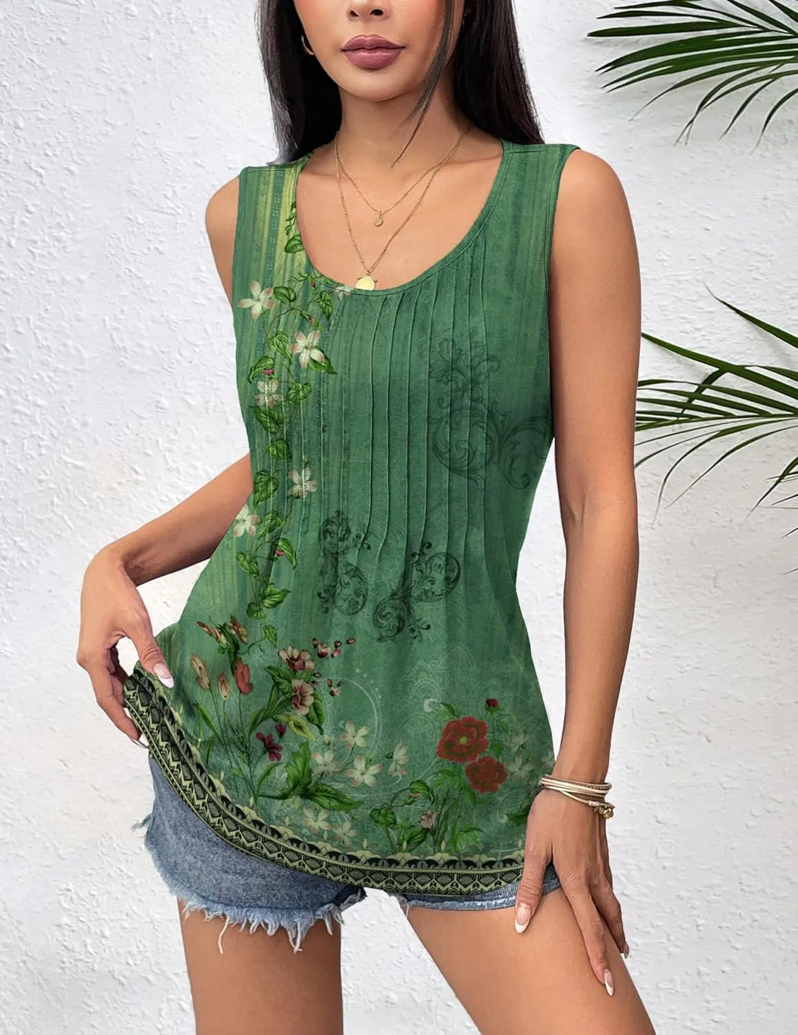 Zeagoo Women's Summer Tank Tops 2025 Pleated Crew Neck Floral Solid Loose Fit Casual Sleeveless Flowy Boho Tunic Shirts