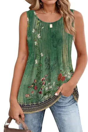 Zeagoo Women's Summer Tank Tops 2025 Pleated Crew Neck Floral Solid Loose Fit Casual Sleeveless Flowy Boho Tunic Shirts
